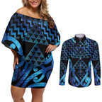 Taniko Motifs Matariki New Zealand Couples Matching Off Shoulder Short Dress and Long Sleeve Button Shirt NZ Niho Taniwha Poutama