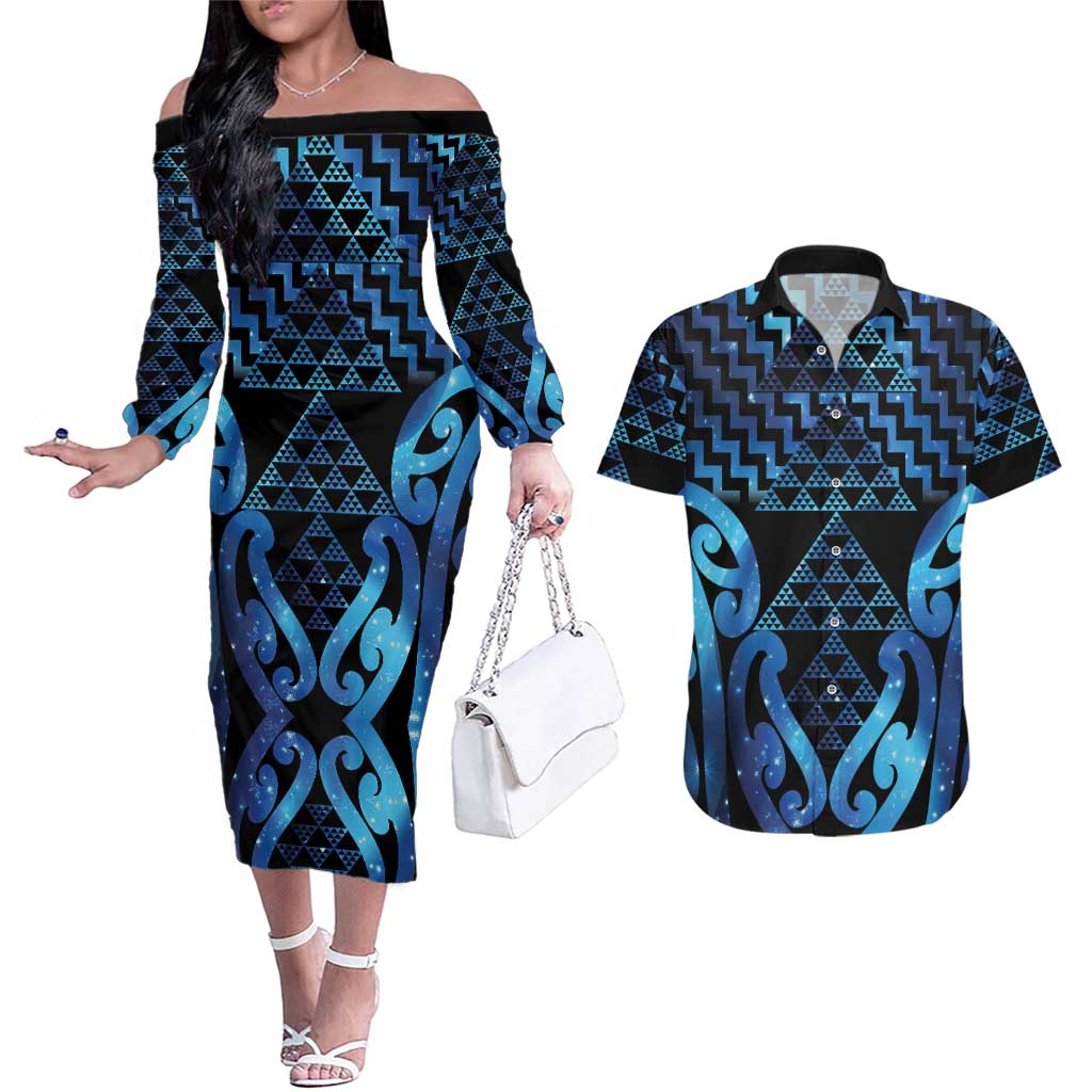 Taniko Motifs Matariki New Zealand Couples Matching Off The Shoulder Long Sleeve Dress and Hawaiian Shirt NZ Niho Taniwha Poutama