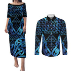 Taniko Motifs Matariki New Zealand Couples Matching Puletasi and Long Sleeve Button Shirt NZ Niho Taniwha Poutama