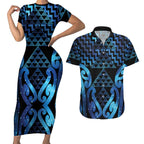 Taniko Motifs Matariki New Zealand Couples Matching Short Sleeve Bodycon Dress and Hawaiian Shirt NZ Niho Taniwha Poutama