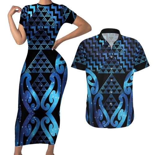 Taniko Motifs Matariki New Zealand Couples Matching Short Sleeve Bodycon Dress and Hawaiian Shirt NZ Niho Taniwha Poutama