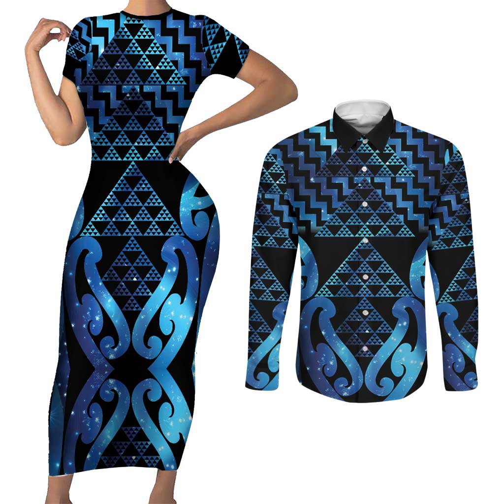 Taniko Motifs Matariki New Zealand Couples Matching Short Sleeve Bodycon Dress and Long Sleeve Button Shirt NZ Niho Taniwha Poutama
