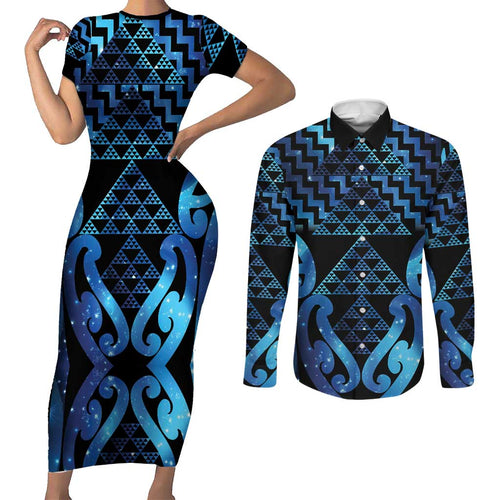 Taniko Motifs Matariki New Zealand Couples Matching Short Sleeve Bodycon Dress and Long Sleeve Button Shirt NZ Niho Taniwha Poutama