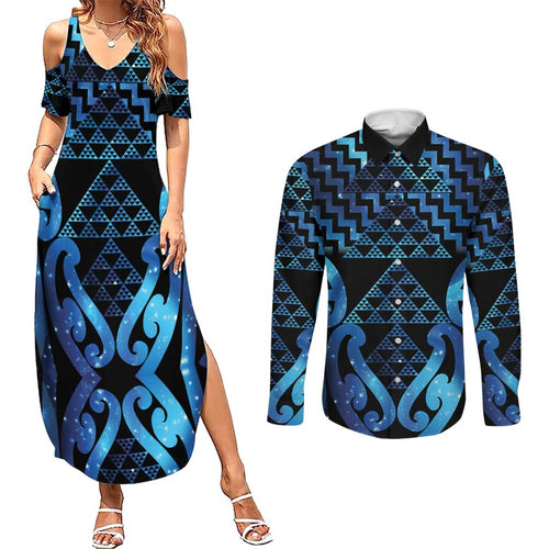 Taniko Motifs Matariki New Zealand Couples Matching Summer Maxi Dress and Long Sleeve Button Shirt NZ Niho Taniwha Poutama