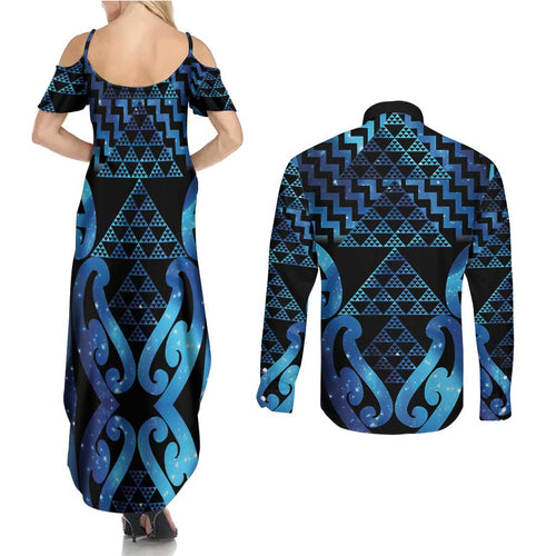 Taniko Motifs Matariki New Zealand Couples Matching Summer Maxi Dress and Long Sleeve Button Shirt NZ Niho Taniwha Poutama
