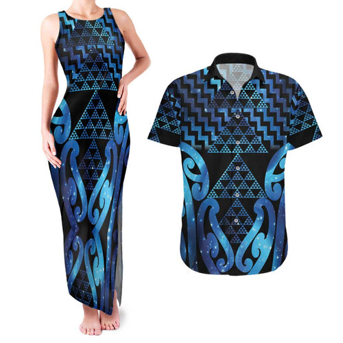 Taniko Motifs Matariki New Zealand Couples Matching Tank Maxi Dress and Hawaiian Shirt NZ Niho Taniwha Poutama