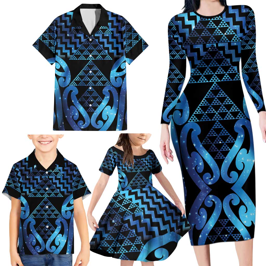 Taniko Motifs Matariki New Zealand Family Matching Long Sleeve Bodycon Dress and Hawaiian Shirt NZ Niho Taniwha Poutama