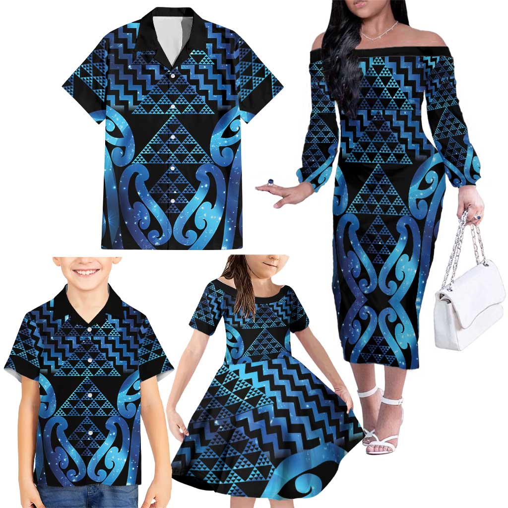 Taniko Motifs Matariki New Zealand Family Matching Off The Shoulder Long Sleeve Dress and Hawaiian Shirt NZ Niho Taniwha Poutama