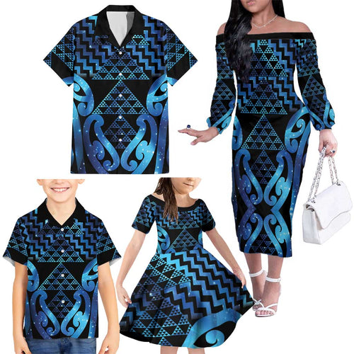 Taniko Motifs Matariki New Zealand Family Matching Off The Shoulder Long Sleeve Dress and Hawaiian Shirt NZ Niho Taniwha Poutama
