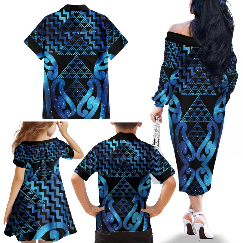 Taniko Motifs Matariki New Zealand Family Matching Off The Shoulder Long Sleeve Dress and Hawaiian Shirt NZ Niho Taniwha Poutama