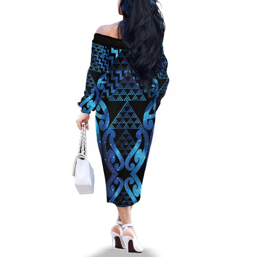 Taniko Motifs Matariki New Zealand Family Matching Off The Shoulder Long Sleeve Dress and Hawaiian Shirt NZ Niho Taniwha Poutama