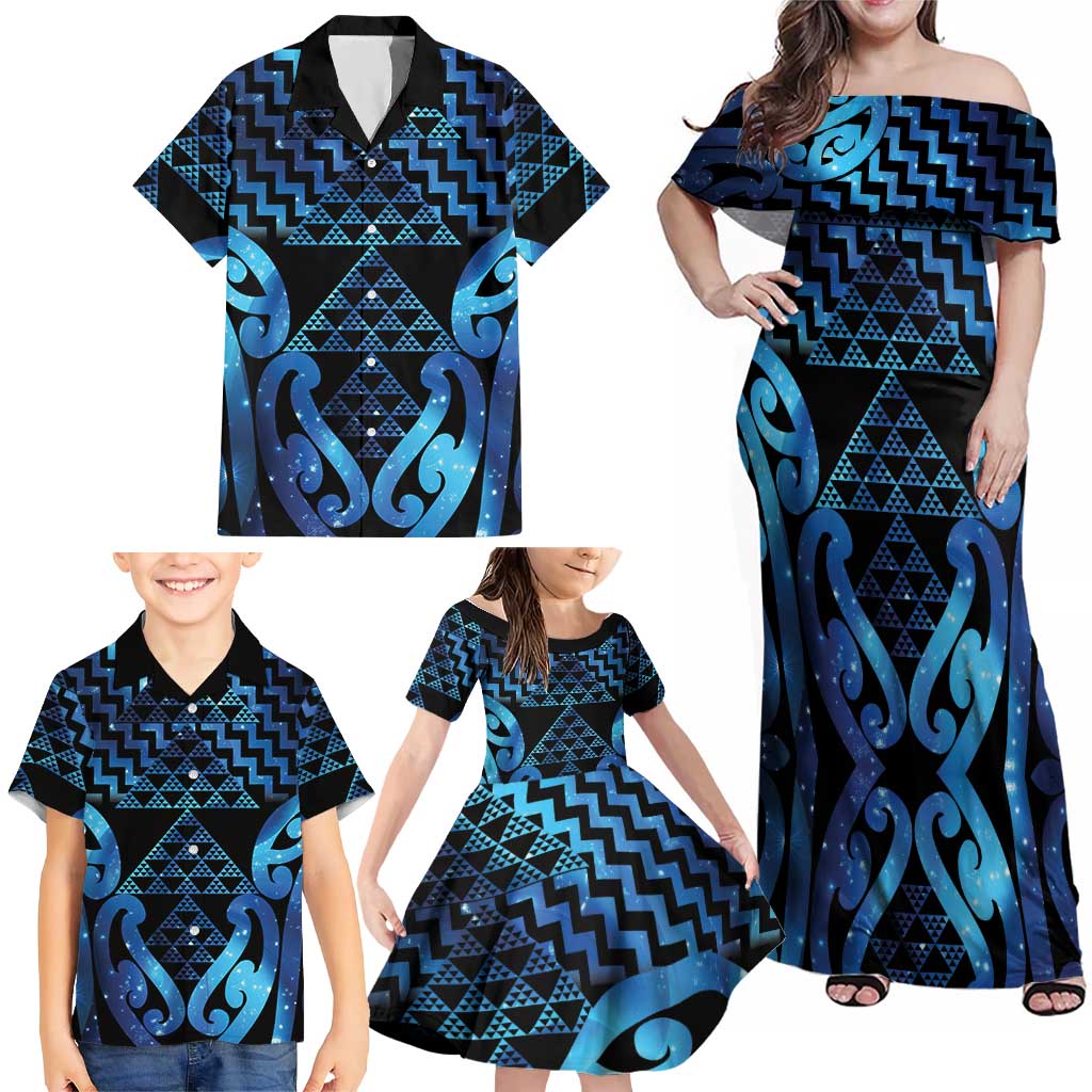 Taniko Motifs Matariki New Zealand Family Matching Off Shoulder Maxi Dress and Hawaiian Shirt NZ Niho Taniwha Poutama