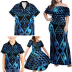 Taniko Motifs Matariki New Zealand Family Matching Off Shoulder Maxi Dress and Hawaiian Shirt NZ Niho Taniwha Poutama