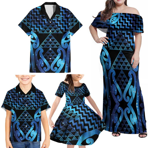 Taniko Motifs Matariki New Zealand Family Matching Off Shoulder Maxi Dress and Hawaiian Shirt NZ Niho Taniwha Poutama