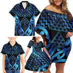 Taniko Motifs Matariki New Zealand Family Matching Off Shoulder Short Dress and Hawaiian Shirt NZ Niho Taniwha Poutama