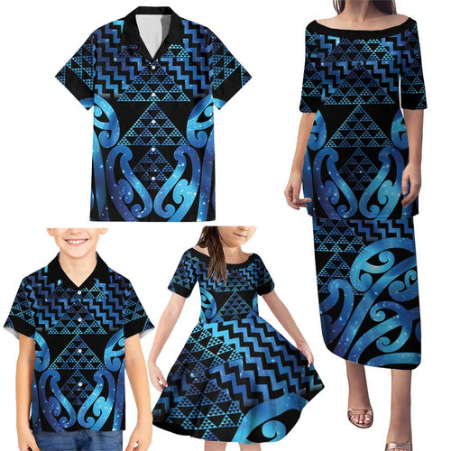 Taniko Motifs Matariki New Zealand Family Matching Puletasi and Hawaiian Shirt NZ Niho Taniwha Poutama