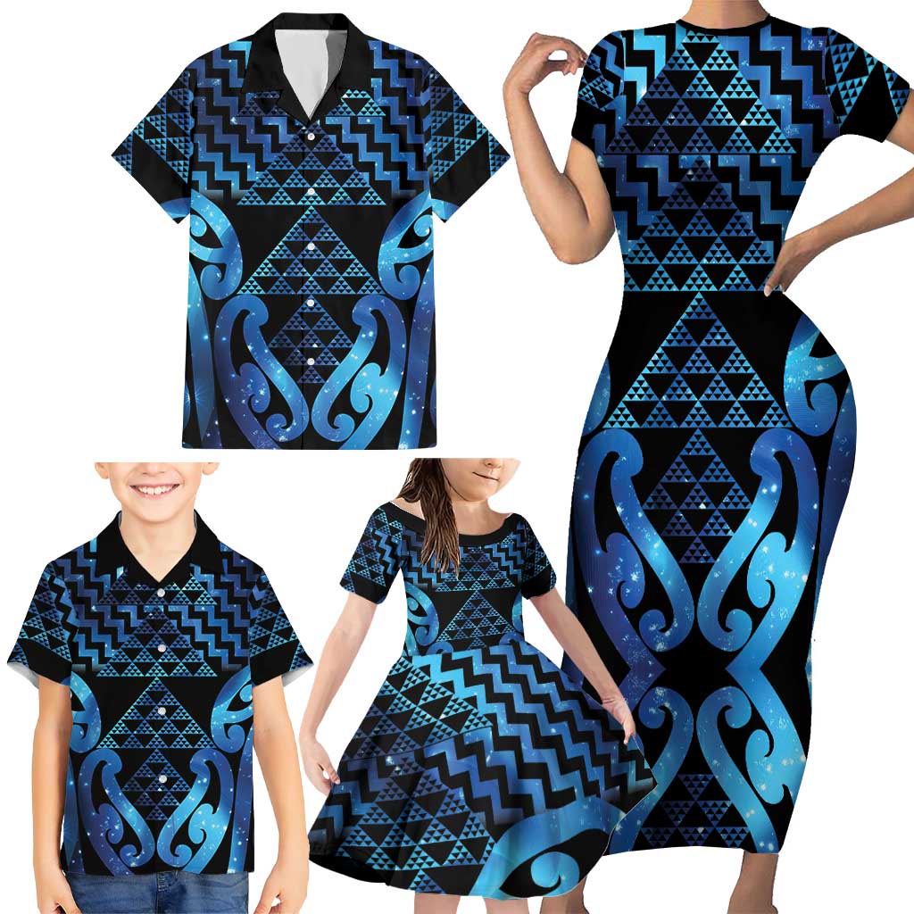 Taniko Motifs Matariki New Zealand Family Matching Short Sleeve Bodycon Dress and Hawaiian Shirt NZ Niho Taniwha Poutama
