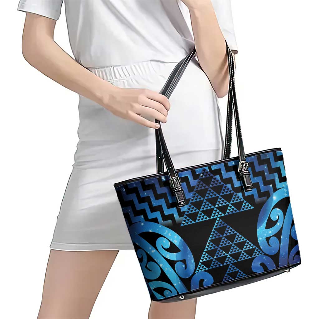 Taniko Motifs Matariki New Zealand Leather Tote Bag NZ Niho Taniwha Poutama