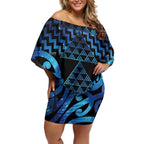 Taniko Motifs Matariki New Zealand Off Shoulder Short Dress NZ Niho Taniwha Poutama