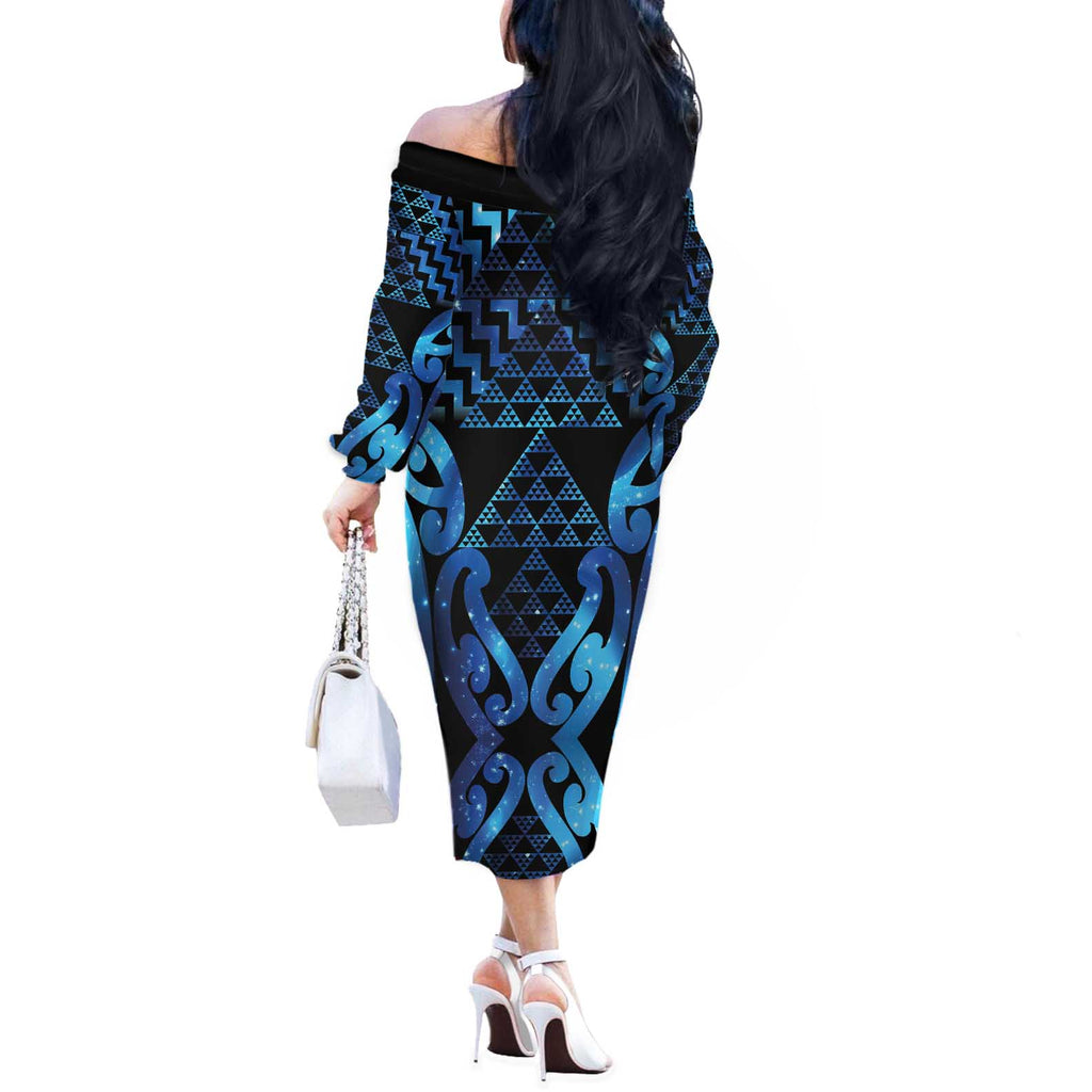 Taniko Motifs Matariki New Zealand Off The Shoulder Long Sleeve Dress NZ Niho Taniwha Poutama