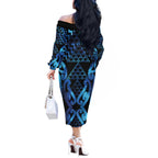 Taniko Motifs Matariki New Zealand Off The Shoulder Long Sleeve Dress NZ Niho Taniwha Poutama