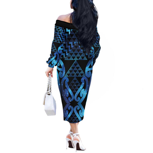 Taniko Motifs Matariki New Zealand Off The Shoulder Long Sleeve Dress NZ Niho Taniwha Poutama