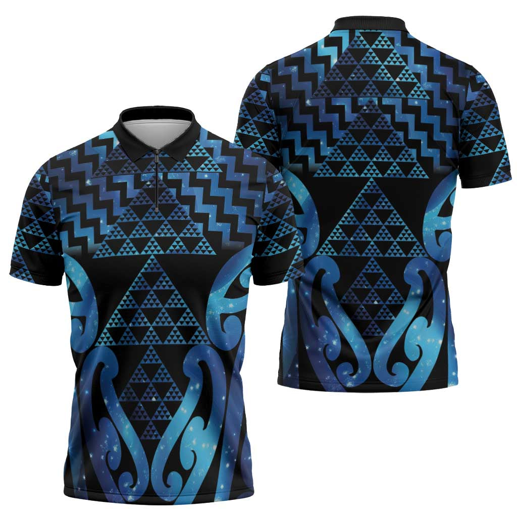 Taniko Motifs Matariki New Zealand Zipper Polo Shirt NZ Niho Taniwha Poutama