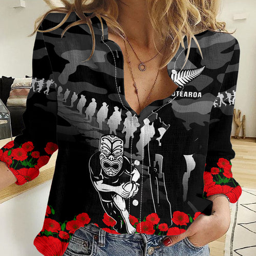 New Zealand ANZAC Rugby Women Casual Shirt Silver Fern All Black Camouflage Mix Poppy LT14