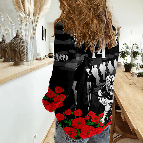 (Custom Text And Number) New Zealand ANZAC Rugby Women Casual Shirt Silver Fern All Black Camouflage Mix Poppy LT14