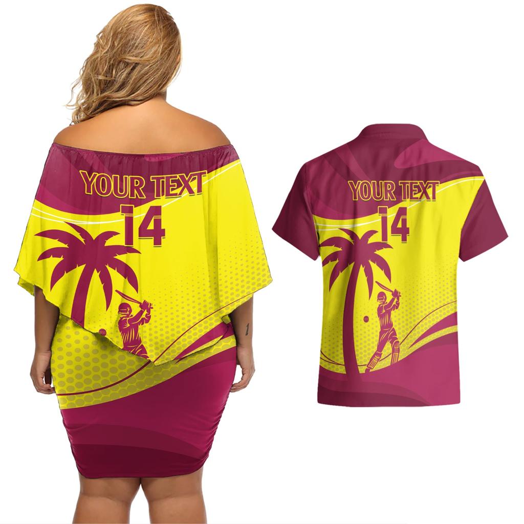 Custom West Indies Cricket Couples Matching Off Shoulder Short Dress and Hawaiian Shirt 2024 World Cup Go Windies