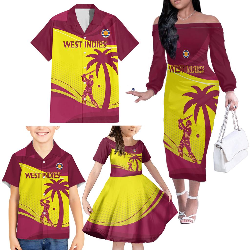 Custom West Indies Cricket Family Matching Off The Shoulder Long Sleeve Dress and Hawaiian Shirt 2024 World Cup Go Windies