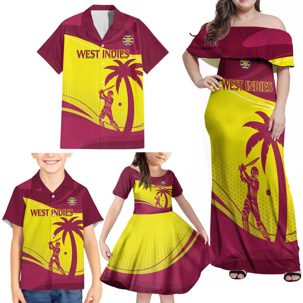 Custom West Indies Cricket Family Matching Off Shoulder Maxi Dress and Hawaiian Shirt 2024 World Cup Go Windies