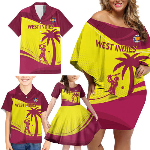 Custom West Indies Cricket Family Matching Off Shoulder Short Dress and Hawaiian Shirt 2024 World Cup Go Windies
