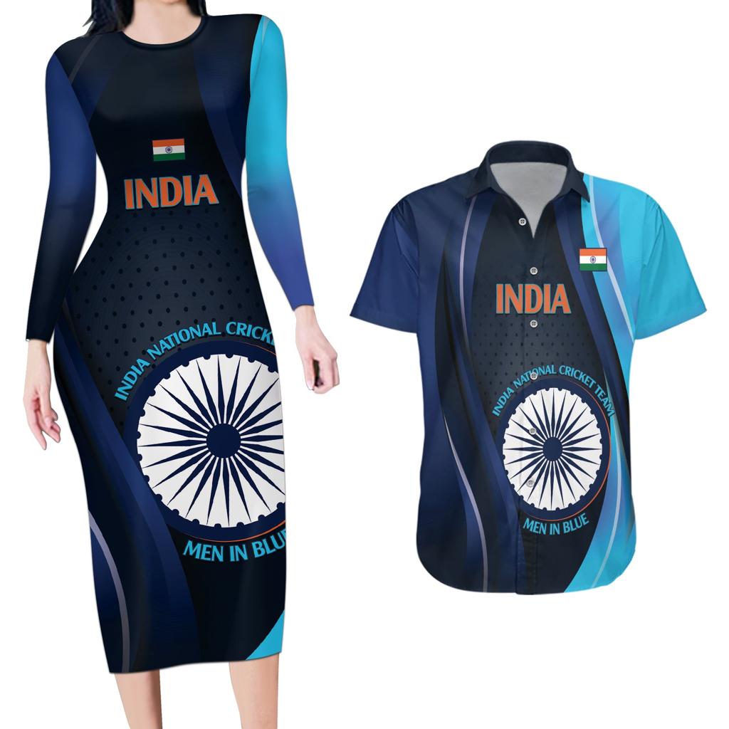 Custom India Cricket Couples Matching Long Sleeve Bodycon Dress and Hawaiian Shirt 2024 World Cup Go Men in Blue