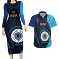 Custom India Cricket Couples Matching Long Sleeve Bodycon Dress and Hawaiian Shirt 2024 World Cup Go Men in Blue