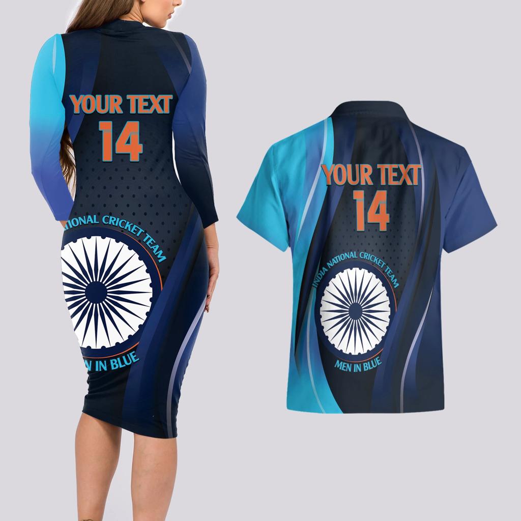 Custom India Cricket Couples Matching Long Sleeve Bodycon Dress and Hawaiian Shirt 2024 World Cup Go Men in Blue