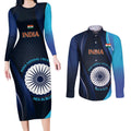 Custom India Cricket Couples Matching Long Sleeve Bodycon Dress and Long Sleeve Button Shirt 2024 World Cup Go Men in Blue