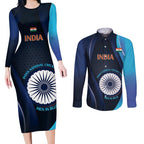Custom India Cricket Couples Matching Long Sleeve Bodycon Dress and Long Sleeve Button Shirt 2024 World Cup Go Men in Blue