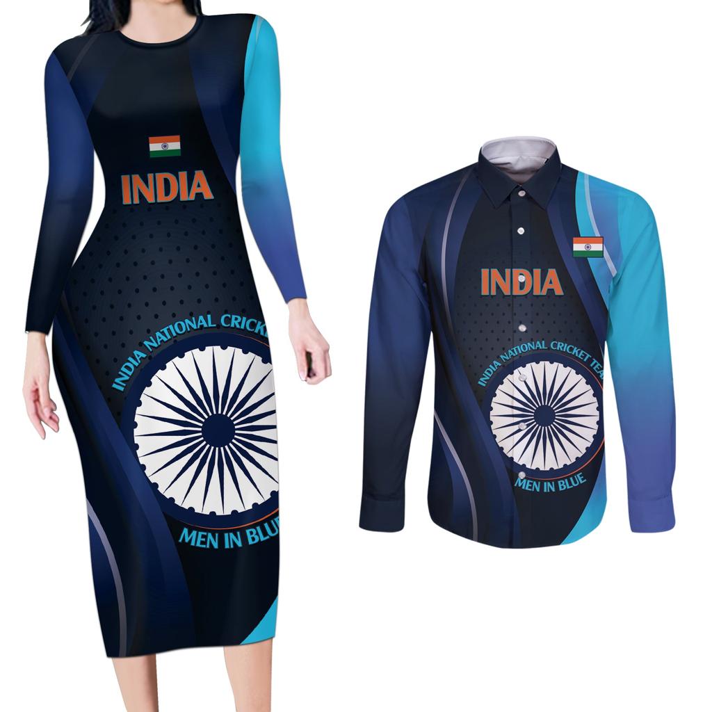 Custom India Cricket Couples Matching Long Sleeve Bodycon Dress and Long Sleeve Button Shirt 2024 World Cup Go Men in Blue