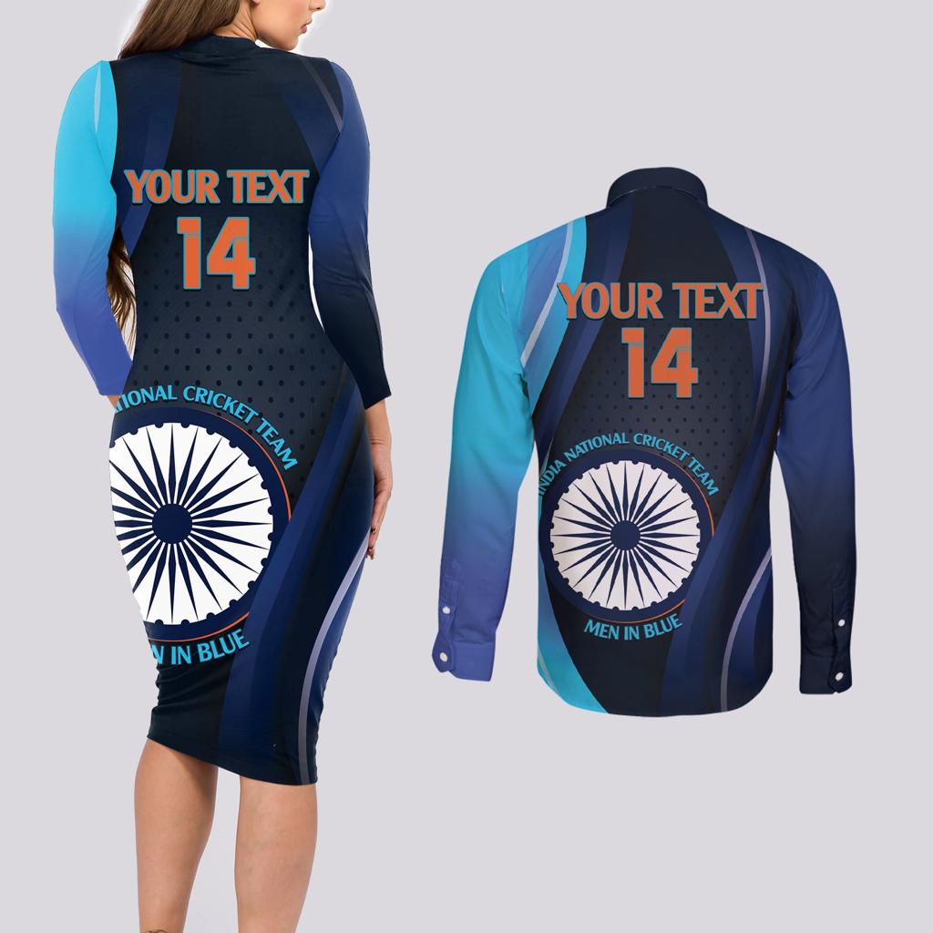 Custom India Cricket Couples Matching Long Sleeve Bodycon Dress and Long Sleeve Button Shirt 2024 World Cup Go Men in Blue