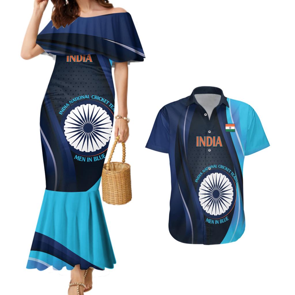 Custom India Cricket Couples Matching Mermaid Dress and Hawaiian Shirt 2024 World Cup Go Men in Blue