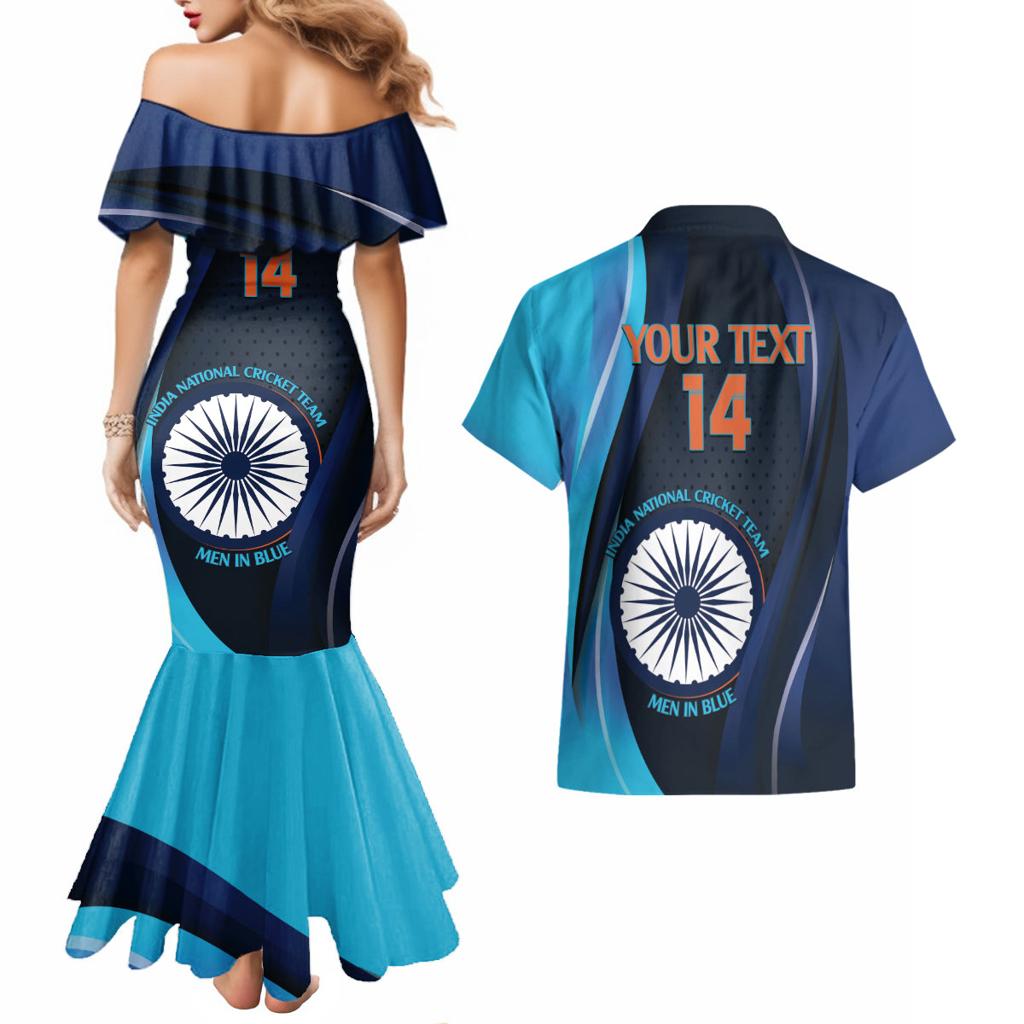 Custom India Cricket Couples Matching Mermaid Dress and Hawaiian Shirt 2024 World Cup Go Men in Blue
