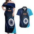 Custom India Cricket Couples Matching Off Shoulder Maxi Dress and Hawaiian Shirt 2024 World Cup Go Men in Blue