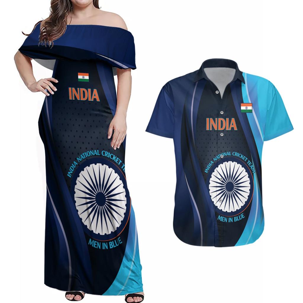 Custom India Cricket Couples Matching Off Shoulder Maxi Dress and Hawaiian Shirt 2024 World Cup Go Men in Blue
