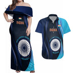 Custom India Cricket Couples Matching Off Shoulder Maxi Dress and Hawaiian Shirt 2024 World Cup Go Men in Blue