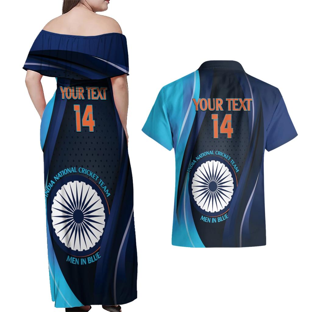 Custom India Cricket Couples Matching Off Shoulder Maxi Dress and Hawaiian Shirt 2024 World Cup Go Men in Blue