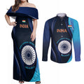 Custom India Cricket Couples Matching Off Shoulder Maxi Dress and Long Sleeve Button Shirt 2024 World Cup Go Men in Blue