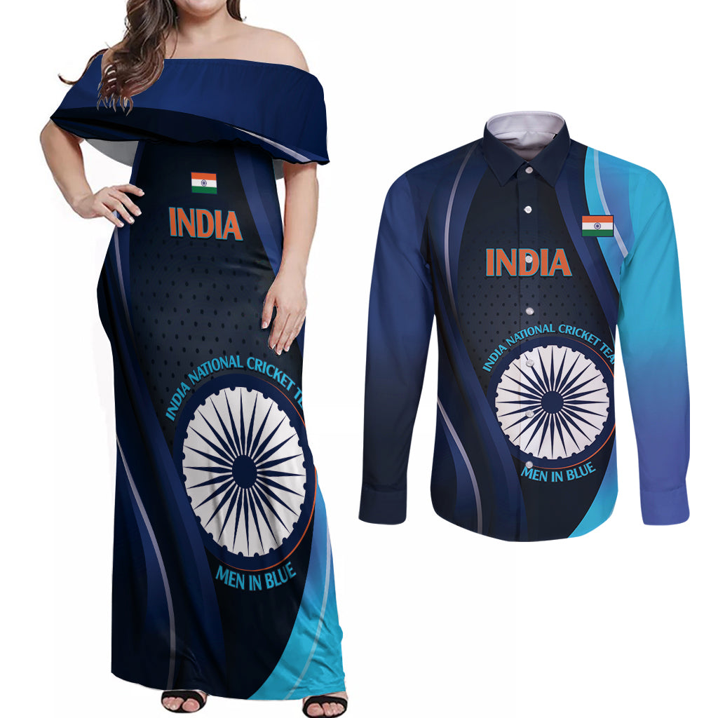 Custom India Cricket Couples Matching Off Shoulder Maxi Dress and Long Sleeve Button Shirt 2024 World Cup Go Men in Blue