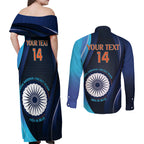 Custom India Cricket Couples Matching Off Shoulder Maxi Dress and Long Sleeve Button Shirt 2024 World Cup Go Men in Blue