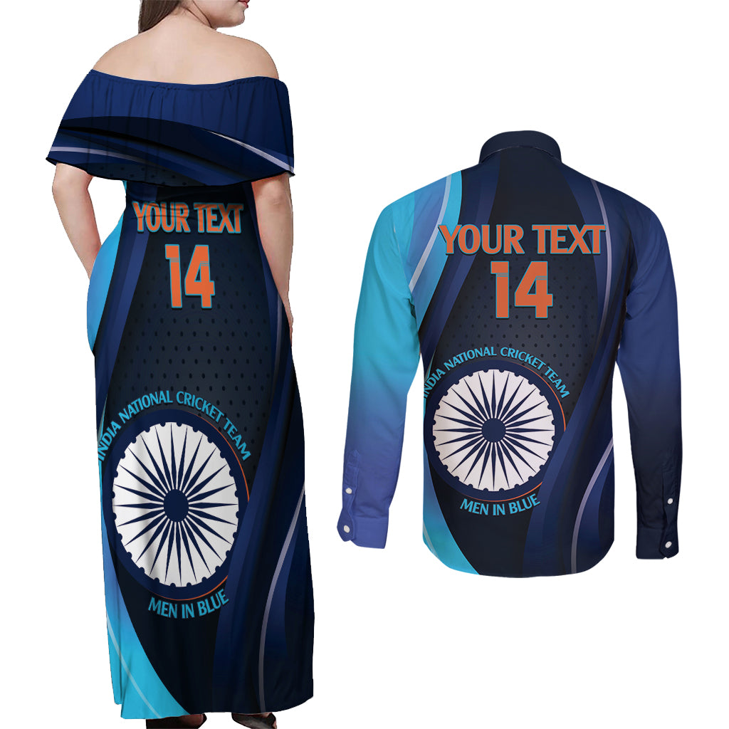 Custom India Cricket Couples Matching Off Shoulder Maxi Dress and Long Sleeve Button Shirt 2024 World Cup Go Men in Blue